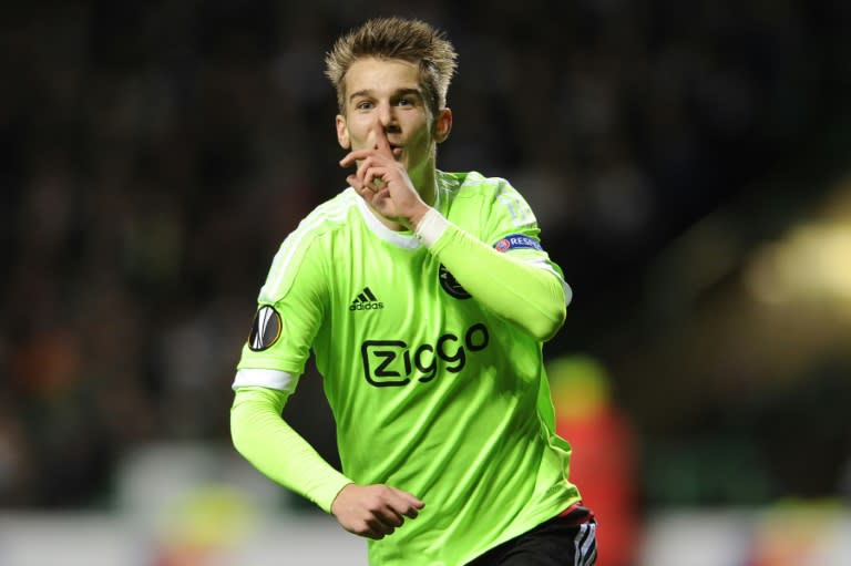 Ajax's Vaclav Cerny celebrates after scoring during a UEFA Europa League group A football match between Celtic and Ajax on November 26, 2015