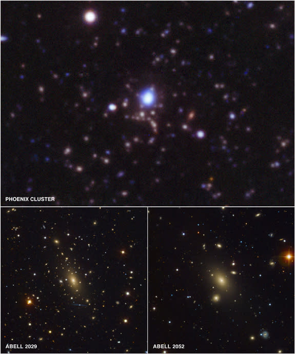 Optical (red, green, blue) and ultraviolet (blue) image of center of Phoenix Cluster, and optical images of Abell 2029 and Abell 2052. Top image taken with the NOAO Blanco telescope.