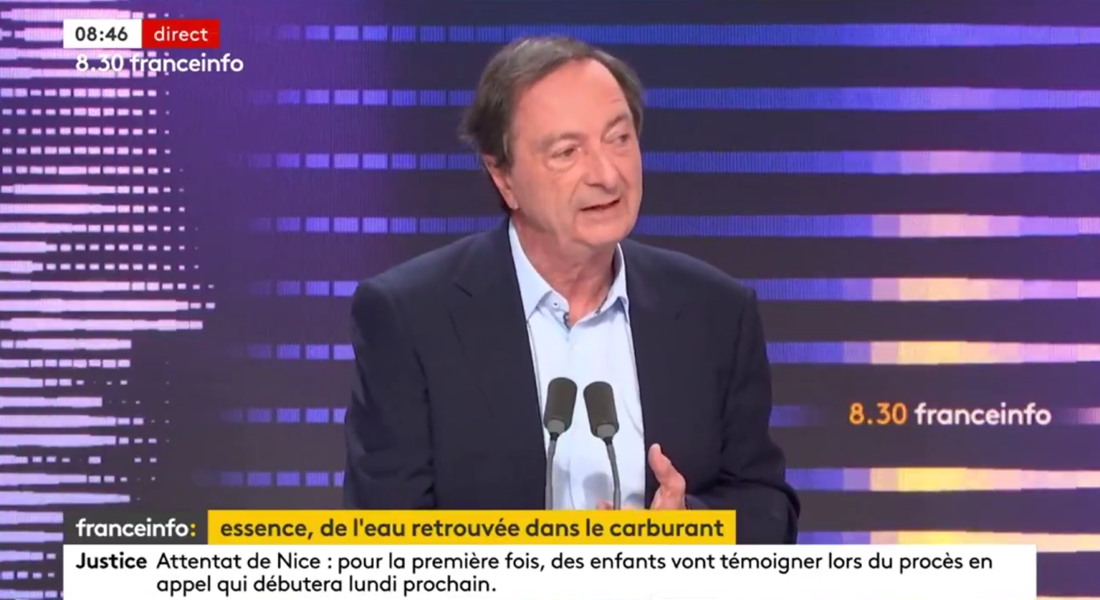 Le président du groupe Leclerc, Michel Édouard Leclerc, répond au micro de France Info à la polémique sur l’eau retrouvé dans les pleins d’essence de ses clients, le jeudi 18 avril 2024.