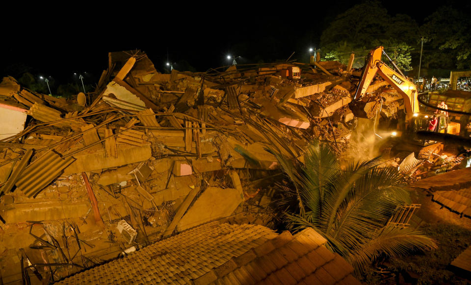 Debris after a five-story building is seen after it collapsed as rescue workers search for survivors continue in Mahad of Raigad district in the western state of Maharashtra, India on August 24, 2020. (Photo by Imtiyaz Shaikh/Anadolu Agency via Getty Images)