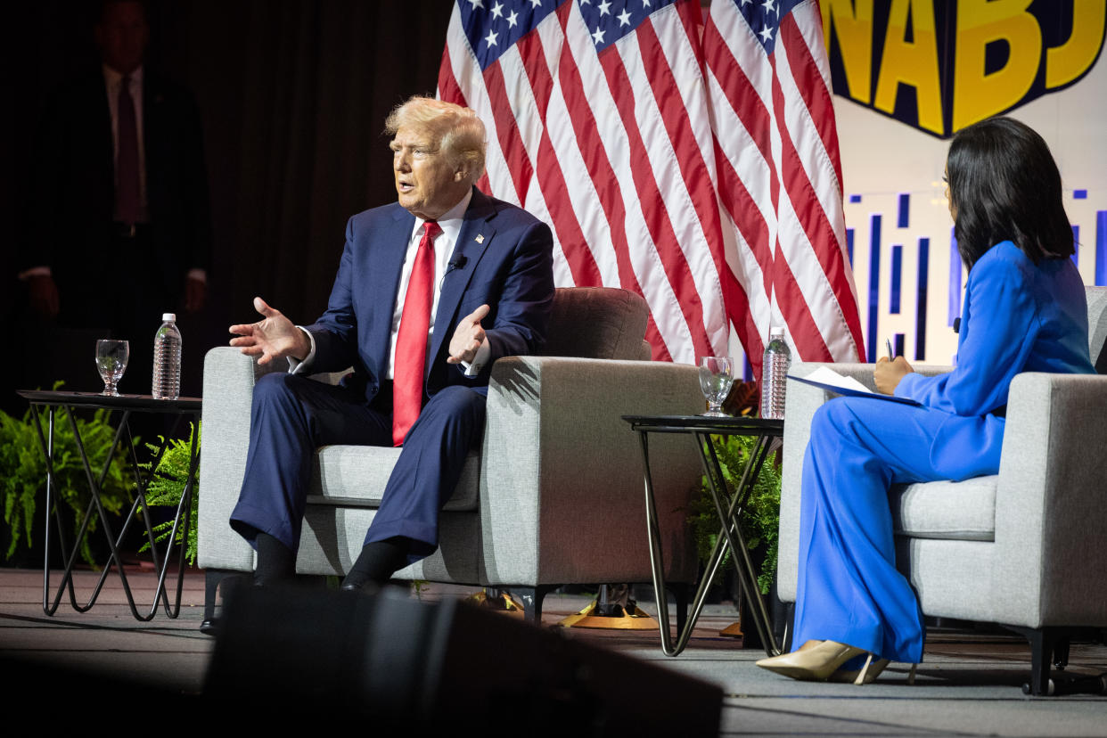 Trump visits the National Association of Black Journalists (NABJ) convention on Wednesday, July 31 in Chicago. (Jason Armond / Los Angeles Times via Getty Images)