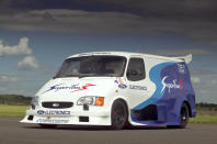 <p>When Ford decided to build a third iteration of its Supervan it took Supervan 2 and converted it to the latest exterior design of the Transit. That meant a new nose, the latest doors and an all-new paint scheme. However, the previous engine was swapped for a Cosworth HB F1 V8 engine rated at <strong>650bhp</strong> to give a top speed close to <strong>200mph</strong>.</p>