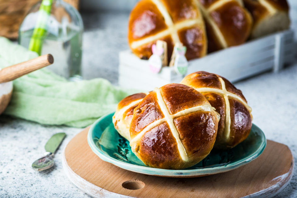 Easter hot cross buns. Traditional dish. Easter dessert. British dessert. Still life of food�