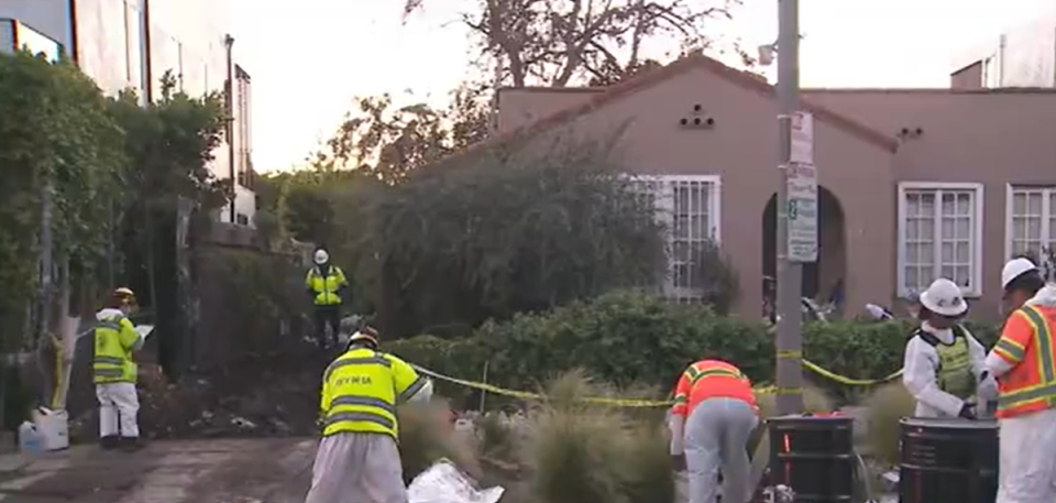 Los Angeles Mayor Karen Bass toured the ‘trash house’ on Wednesday (KTLA 5)