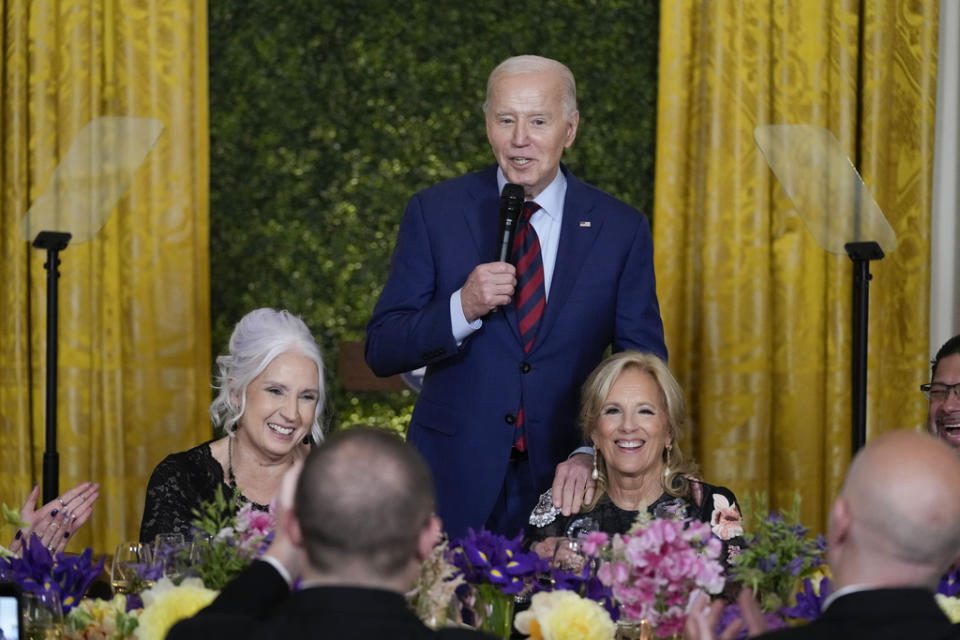 <em>President Joe Biden speaks as Missy Testerman, the 2024 National Teacher of the Year, and First Lady Jill Biden listen during a State Dinner at the White House in Washington, Thursday, May 2, 2024, to honor the 2024 National Teacher of the Year and other teachers from across the United States. (AP Photo/Susan Walsh)</em>