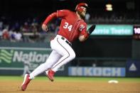 Sep 8, 2018; Washington, DC, USA; Washington Nationals center fielder Bryce Harper (34) rounds the bases during the fourth inning against the Chicago Cubs at Nationals Park. Mandatory Credit: Tommy Gilligan-USA TODAY Sports