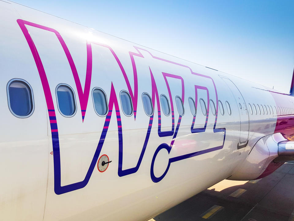 Gdansk, Poland - April 13, 2018: Wizz air plane on Lech Walesa Airport in Gdansk, Poland. Wizz air is a low-cost airline with largest fleet in Hungary who serves over 30 countries.