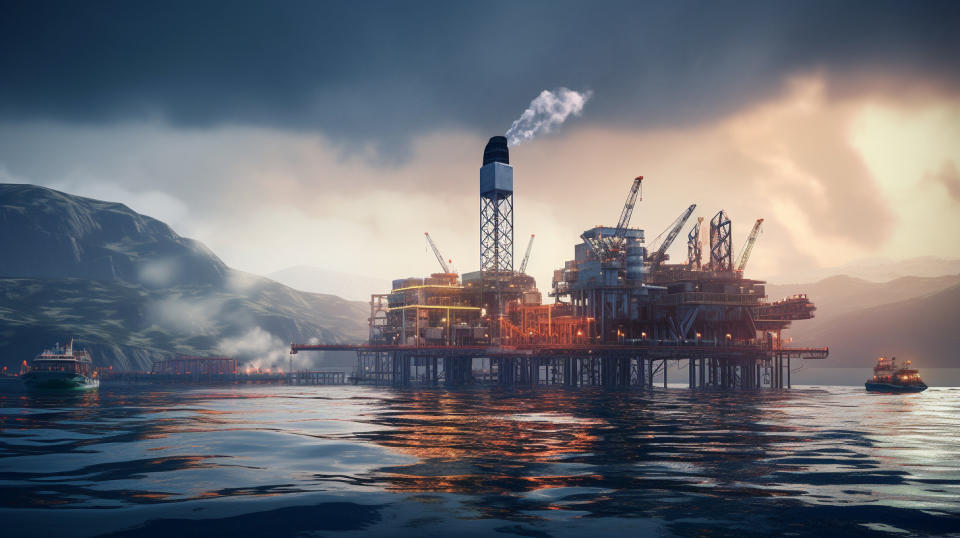 A drilling platform in the middle of open sea, extracting crude oil.