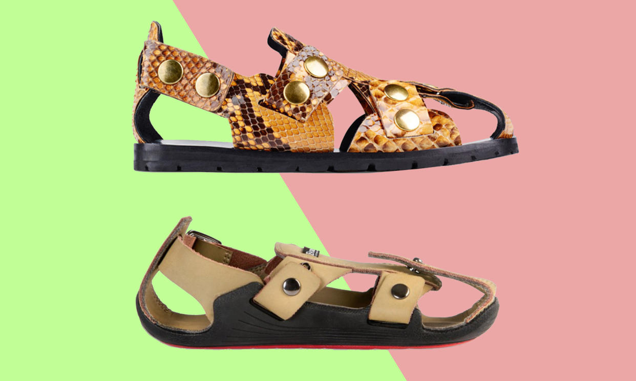 Similar sandals on colourful background