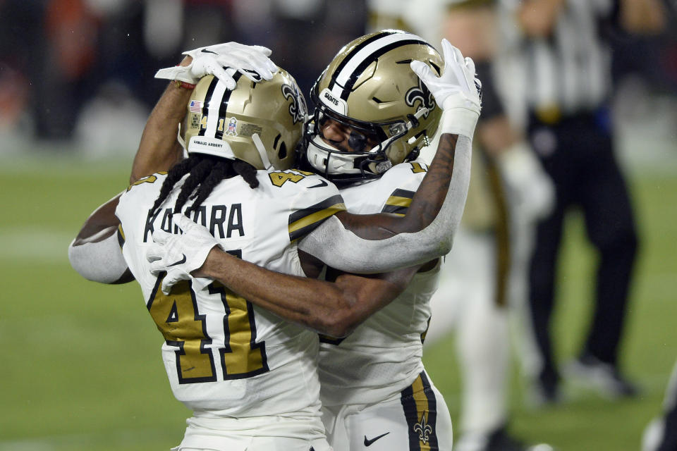 New Orleans Saints wide receiver Tre'Quan Smith celebrates his touchdown reception against the Tampa Bay Buccaneers with running back Alvin Kamara (41). (AP Photo/Jason Behnken)