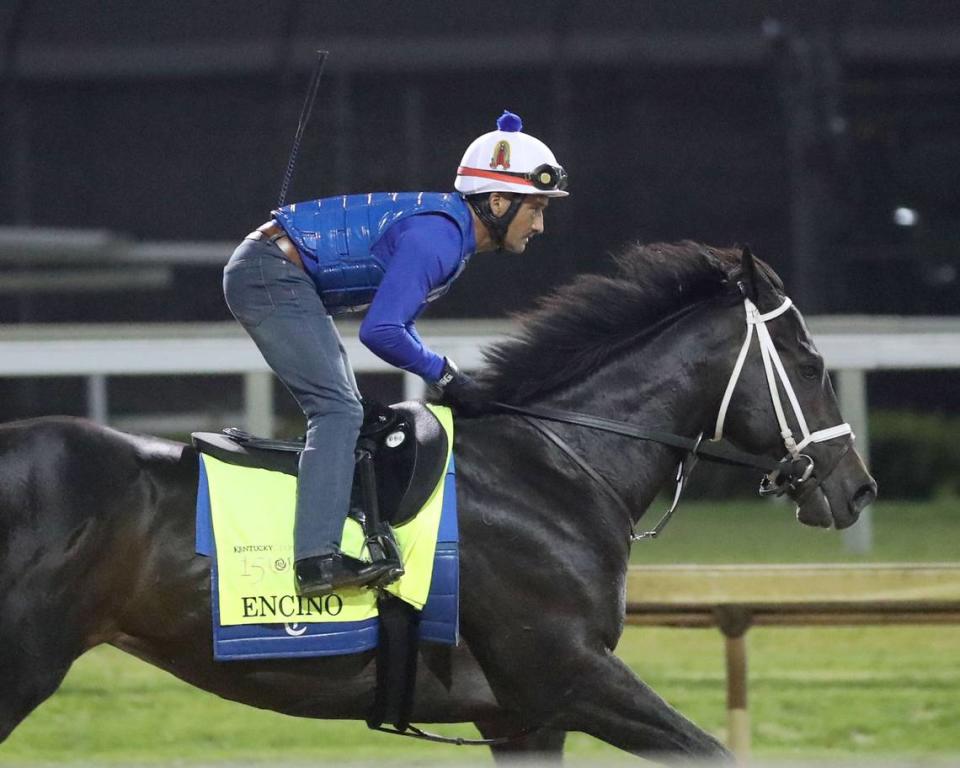 Kentucky Derby hopeful Encino ran at Churchill Downs on Tuesday morning before trainer Brad Cox scratched him from consideration in the afternoon.