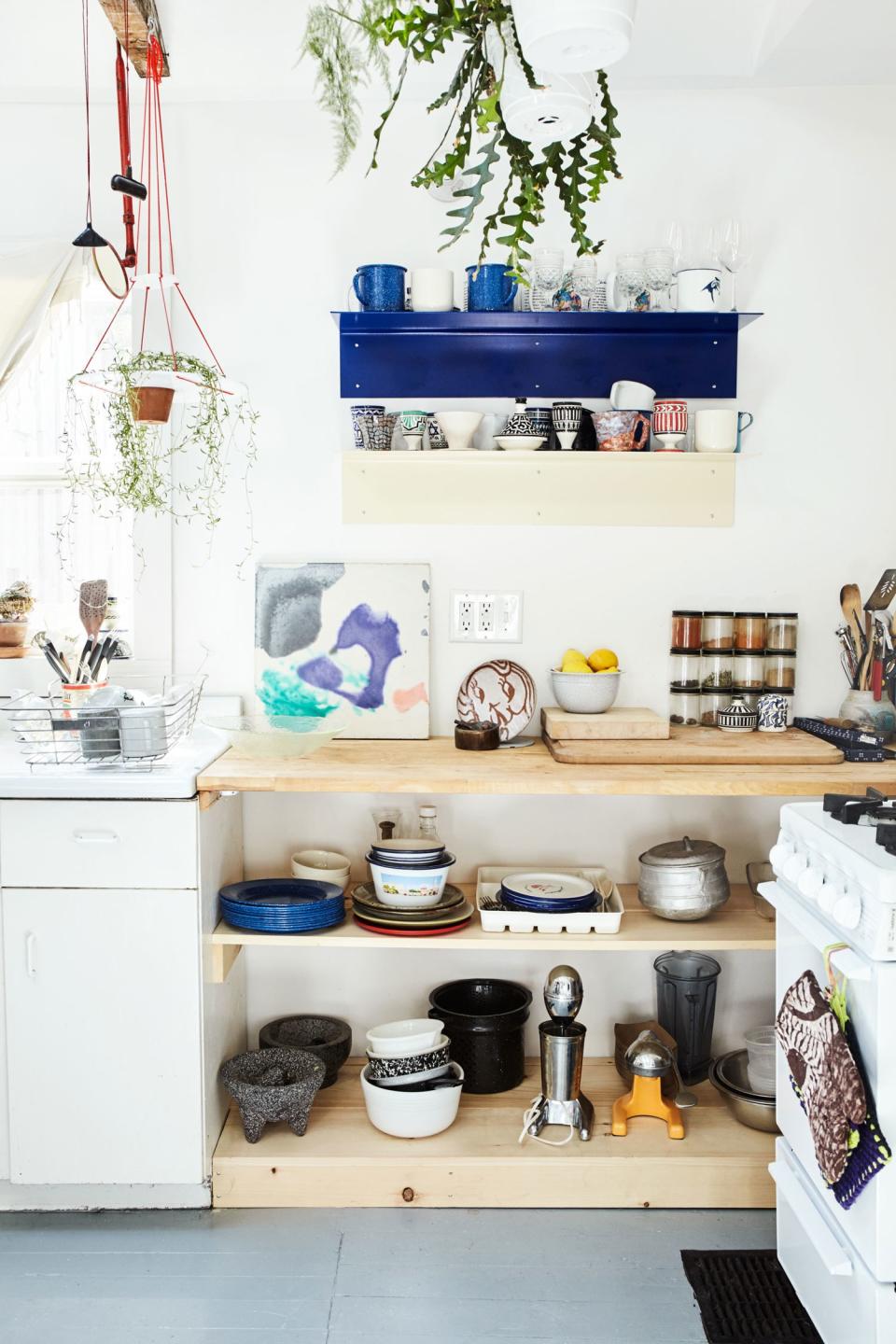 DIY pine shelves display a few of Elise’s favorite beautiful but practical tools.