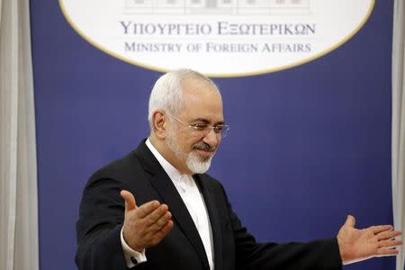 Iranian Foreign Minister Mohammad Javad Zarif gestures after a joint news conference with his Greek counterpart Nikos Kotzias in Athens May 28, 2015. REUTERS/Alkis Konstantinidis