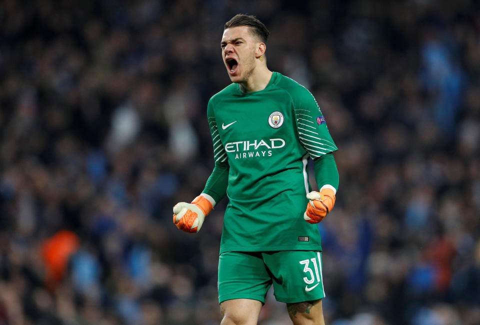 <p>Soccer Football – Champions League Quarter Final Second Leg – Manchester City vs Liverpool – Etihad Stadium, Manchester, Britain – April 10, 2018 Manchester City’s Ederson celebrates their first goal scored by Gabriel Jesus REUTERS/Darren Staples </p>