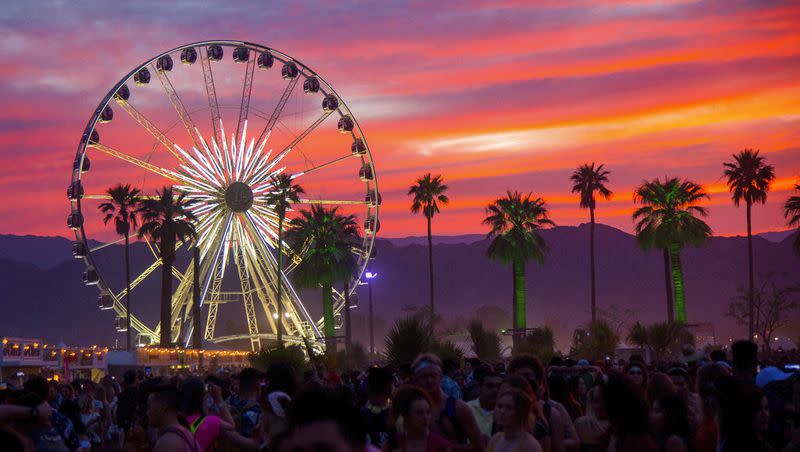 The sun sets over the Coachella Music & Arts Festival in Indio, Calif.