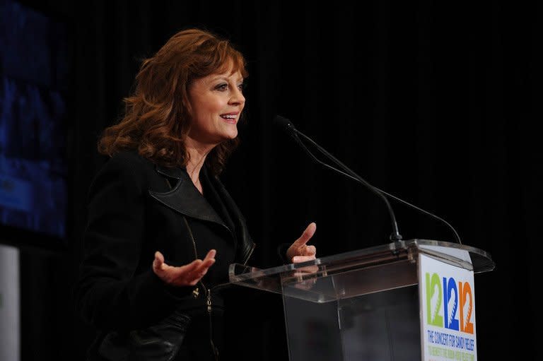 Actress Susan Sarandon addresses the audience during "12-12-12", a concert benefiting The Robin Hood Relief Fund to aid the victims of Hurricane Sandy, presented by Clear Channel Media & Entertainment, The Madison Square Garden Company and The Weinstein Company, at Madison Square Garden, on December 12, 2012, in New York City