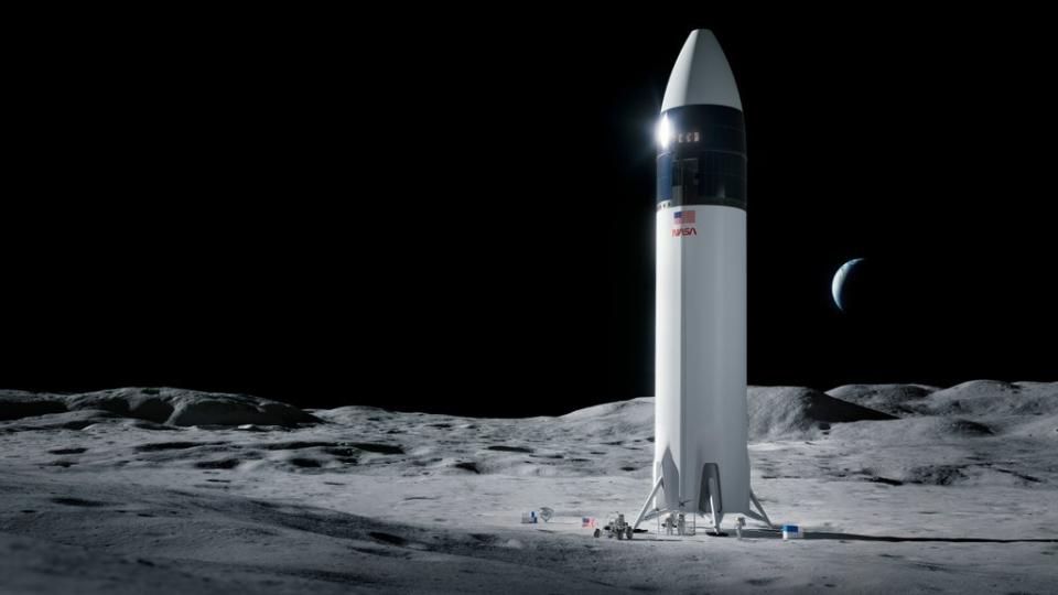 A SpaceX illustration of its Starship human lander design that will return astronauts to the Moon as part of Nasa’s Artemis mission (SpaceX)