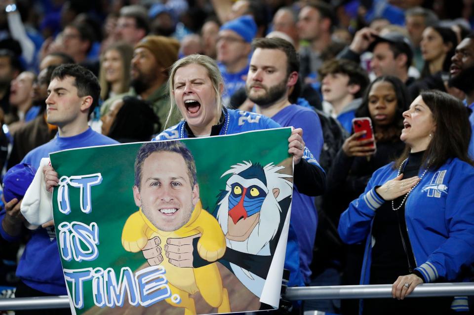 Detroit Lions fans cheer in the stands during the first half against the L.A. Rams at Ford Field in Detroit on Sunday, Jan. 14, 2023.