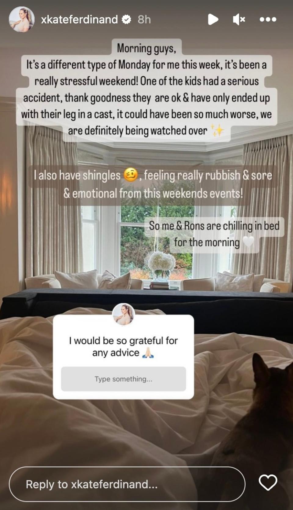 Kate updated fans about the scary incident in a post shared on Monday (Kate Ferdinand/Instagram)