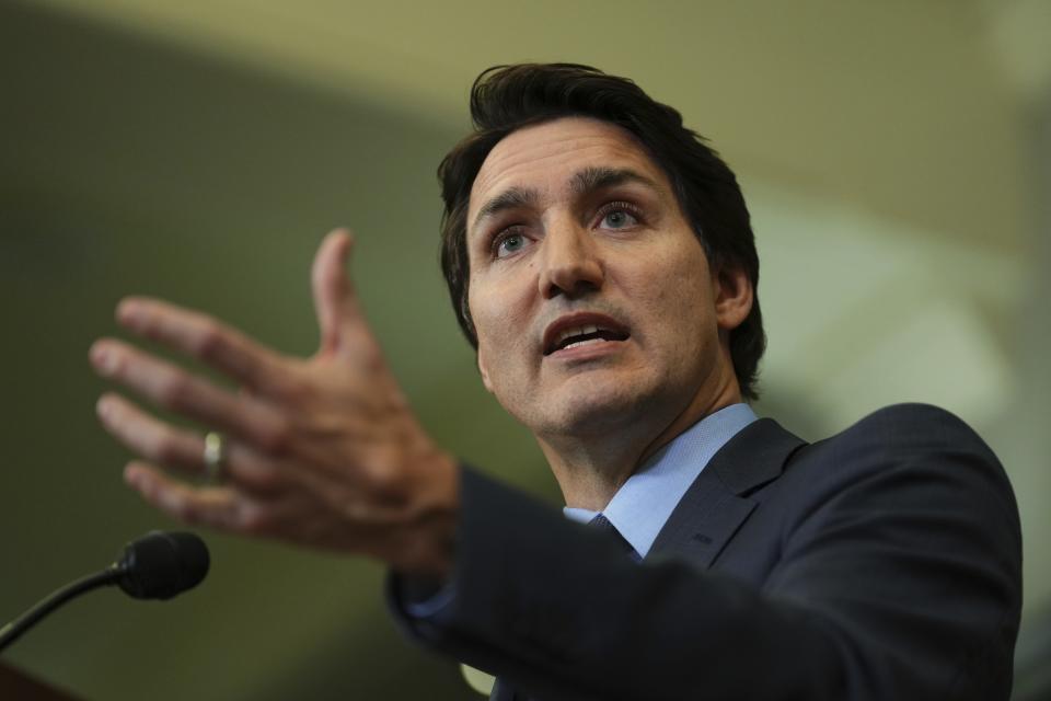 Canada's Prime Minister Justin Trudeau speaks during a news conference on Parliament Hill in Ottawa, Ontario, on Monday, March 6, 2023. Trudeau said he will appoint a special investigator to decide whether there should be a public inquiry into reports of Chinese interference in Canada's elections. (Sean Kilpatrick/The Canadian Press via AP)