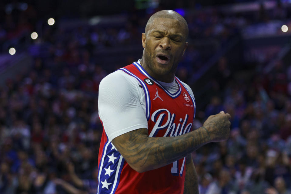 Philadelphia 76ers' P.J. Tucker reacts after a call during the second half of an NBA basketball game against the New York Knicks, Friday, Nov. 4, 2022, in Philadelphia. (AP Photo/Chris Szagola)