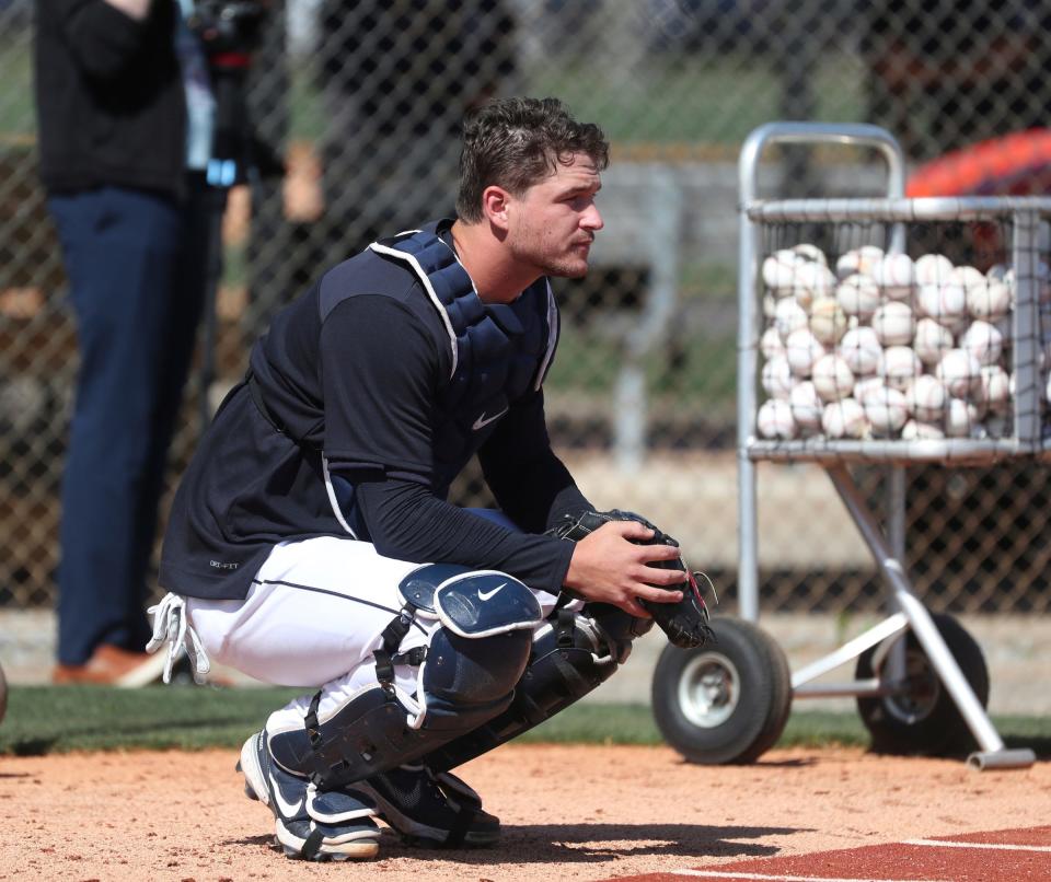 Tigers catcher Dillon Dingler warms up before live batting practice during Detroit Tigers spring training on Monday, March 14, 2022, at TigerTown in Lakeland, Florida.