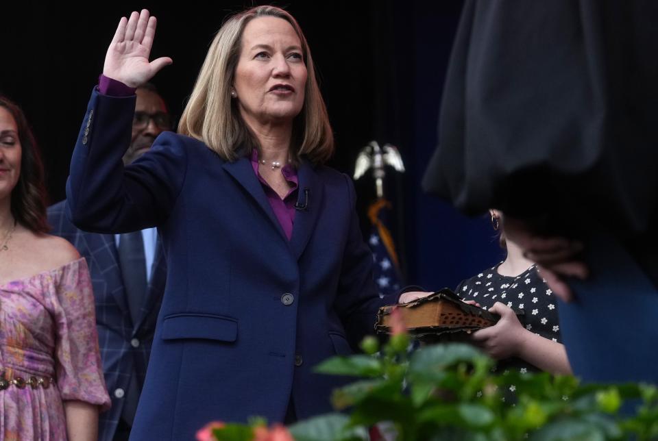 Arizona Attorney General Kris Mayes, seen here during her ceremonial inauguration Jan. 5, 2023, said David Kinas and his companies decieved Arizona consumers, selling them properties with undisclosed mortgage debts.