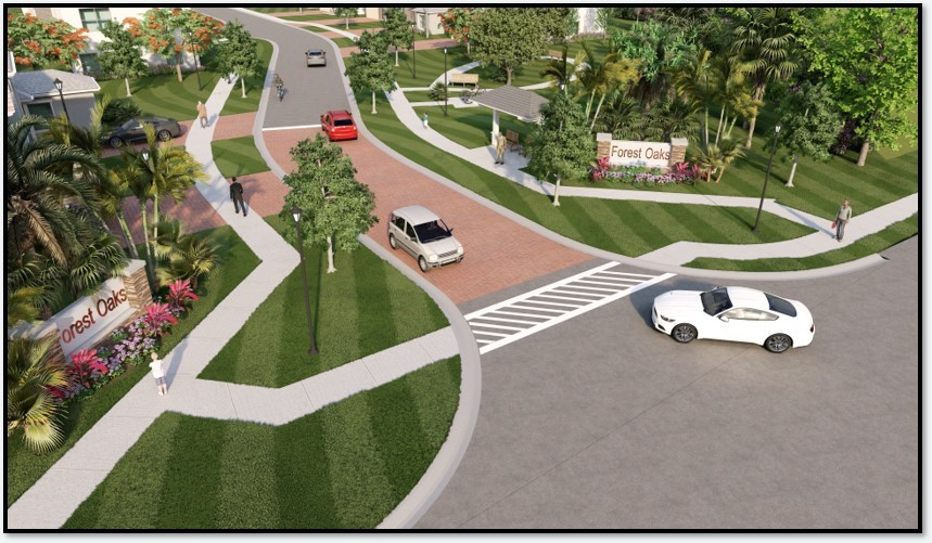 Artist's rendering of entrance into Forest Oaks development. A judge recently ruled that Mattamy Homes can move ahead with plans to build 450 homes on what was once a thriving golf course west of Lake Worth Beach.