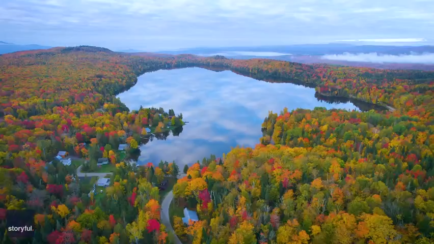 A still image from a video by John Rowe depicting the fall color around Newark Pond one October.