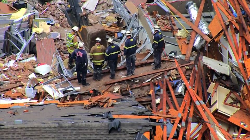 Emergency responders work in Sulphur, Oklahoma on April 28, following a tornado. - KOCO