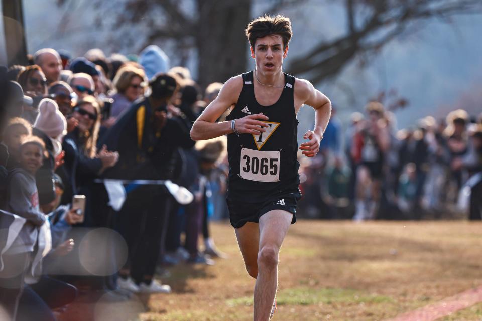 Gavin Leffler from Tatnall finishes the boys division II race at the DIAA Cross Country Championships Saturday, Nov. 11, 2023; at Brandywine Creek State Park in Wilmington, DE.