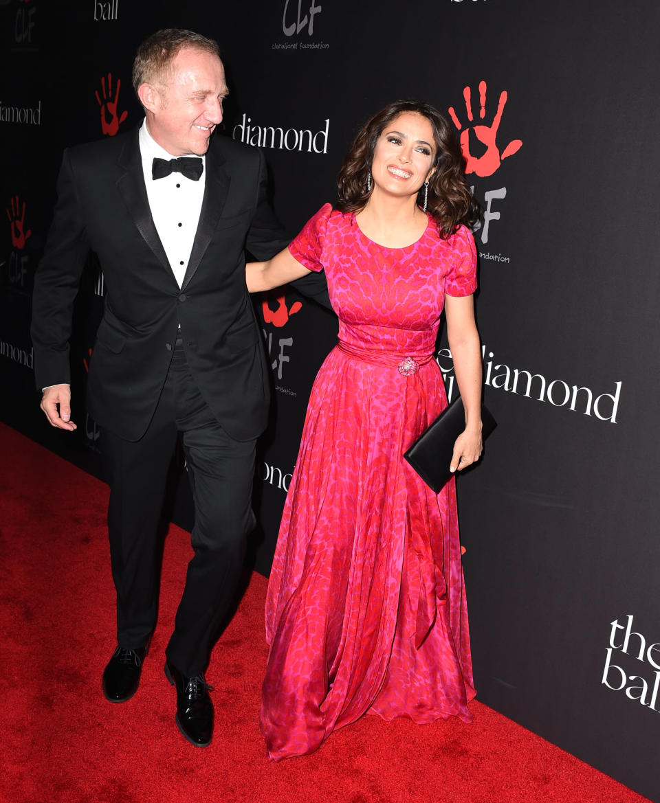 BEVERLY HILLS, CA - DECEMBER 11:  Salma Hayek and Francois-Henri Pinault arrives at the Rihanna's First Annual Diamond Ball at The Vineyard on December 11, 2014 in Beverly Hills, California.  (Photo by Steve Granitz/WireImage)