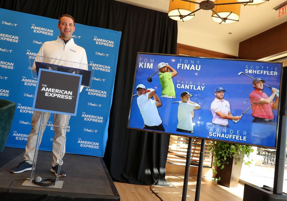 Pat McCabe, executive director of The American Express golf tournament, announces some of the field for next year's event at PGA West in La Quinta, Calif., Dec. 5, 2023.