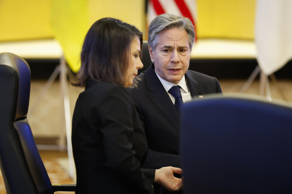 U.S. Secretary of State Antony Blinken, right, and German Foreign Minister Annalena Baerbock attend a session on the war in Ukraine during the G7 Foreign Ministers' Meeting in Tokyo Wednesday, Nov. 8, 2023. (Jonathan Ernst/Pool Photo via AP)