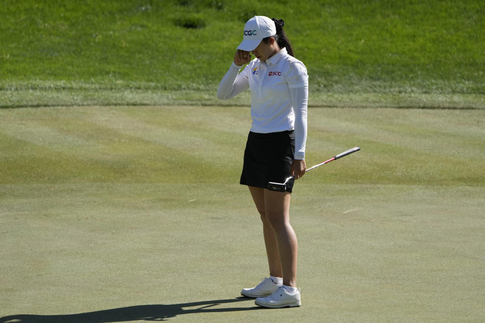 Pajaree Anannarukarn reacts after missing a birdie putt on the eighth green during the final round of the LPGA Bank of Hope Match Play golf tournament Sunday, May 28, 2023, in North Las Vegas, Nev. (AP Photo/John Locher)