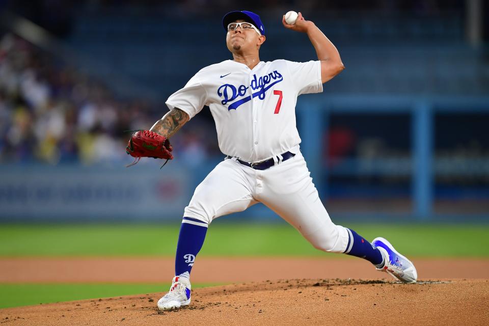 Los Angeles Dodgers starter Julio Urias pitches against the Atlanta Braves during a Sept. 1, 2023 game at Dodger Stadium.