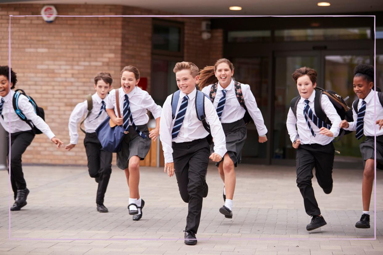  Children running out of school on the last day of term. 