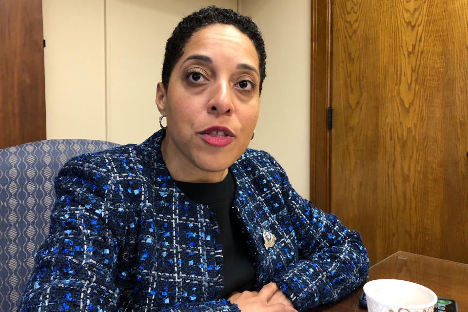 FILE - In a Monday, Jan. 13, 2020 file photo, St. Louis Circuit Attorney Kim Gardner speaks in St. Louis. Gardner is being challenged in the Aug. 4, 2020, Democratic primary by Mary Pat Carl. (AP Photo/Jim Salter, File)