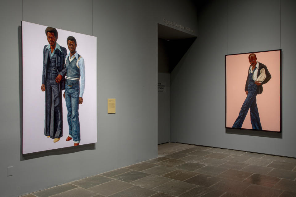 Artworks from the Barkley L. Hendricks exhibition are displayed on Monday, Sept. 18, 2023 at The Frick Madison in New York. Hendricks, who died in 2017, is the first artist of color to have a solo exhibit at the Frick. “Barkley L. Hendricks: Portraits at the Frick” is open now through Jan. 7, 2024. (Photo by Andy Kropa/Invision/AP)