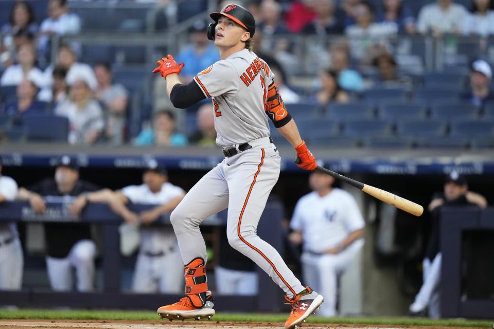 Baltimore Orioles' Gunnar Henderson watches his home run against the New York Yankees during the first inning of a baseball game Thursday, July 6, 2023, in New York. (AP Photo/Frank Franklin II)