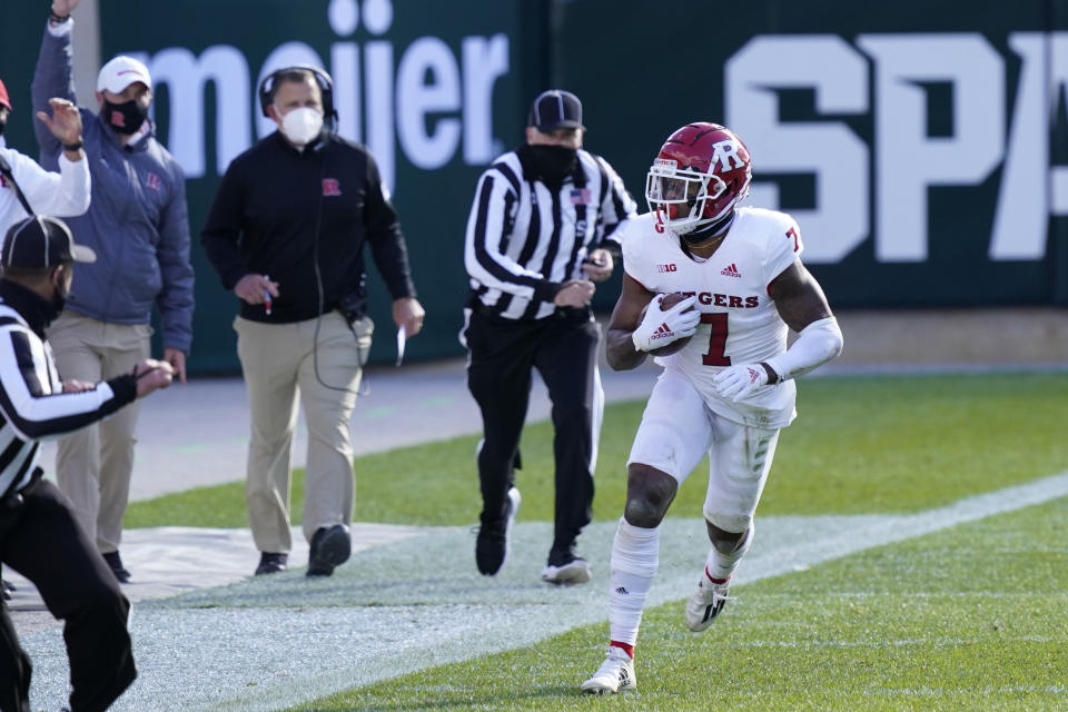 Rutgers defensive back Brendon White (7) looks toward the bench after intercepting a pass in the closing minutes of the second half of an NCAA college football game against Michigan State, Saturday, Oct. 24, 2020, in East Lansing, Mich. (AP Photo/Carlos Osorio)