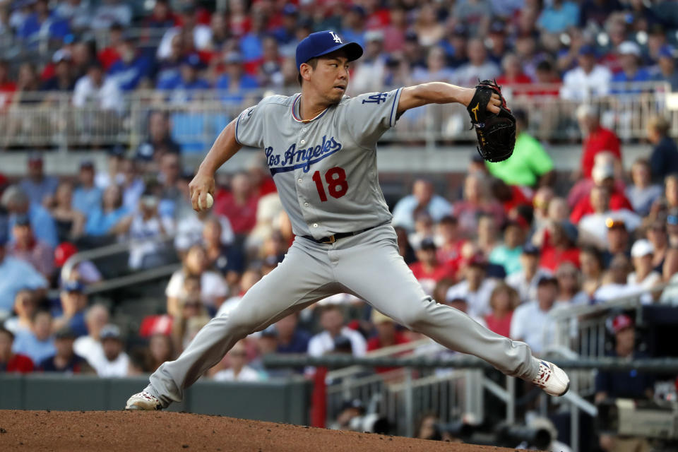 Los Angeles Dodgers starting pitcher Kenta Maeda, of Japan, works against the Atlanta Braves in the first inning of a baseball game Friday, Aug. 16, 2019, in Atlanta. (AP Photo/John Bazemore)