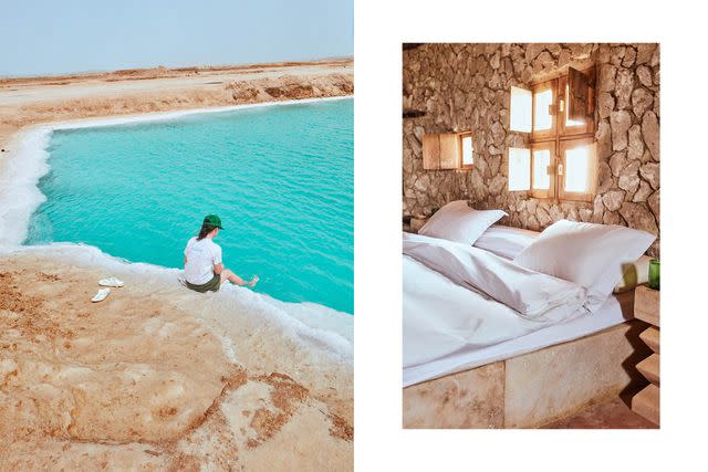 <p>Manuel Obadia-Wills</p> From left: A guest dips her toes in the salty waters of the lake; thick walls shield guest rooms from the desert heat.