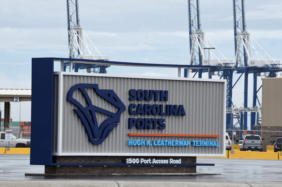 A sign marks the site of a new South Carolina Ports Authority terminal named for longtime state Sen. Hugh Leatherman on Monday, Oct. 25, 2021, in North Charleston, S.C. Currently, the International Longshoremen's Association is calling on the Biden administration for help resolving a labor dispute at the terminal. (AP Photo/Meg Kinnard)