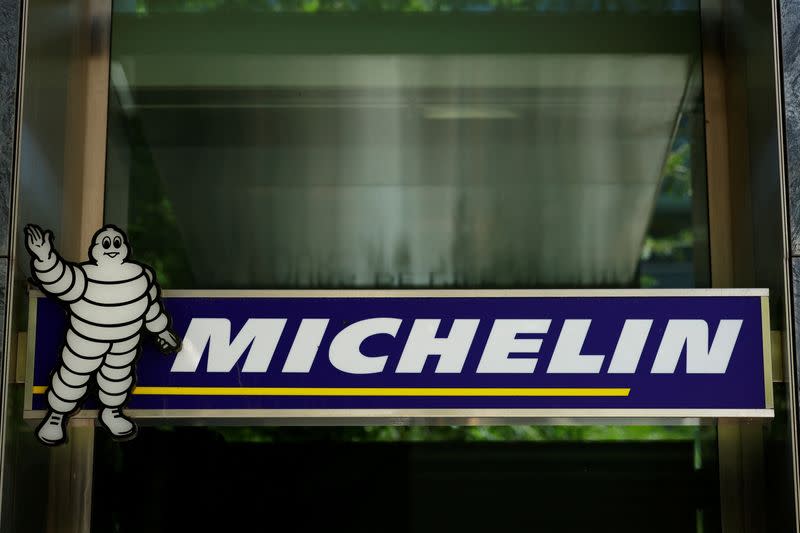 FILE PHOTO: The logo of French tyre maker Michelin is seen at a company building near Paris