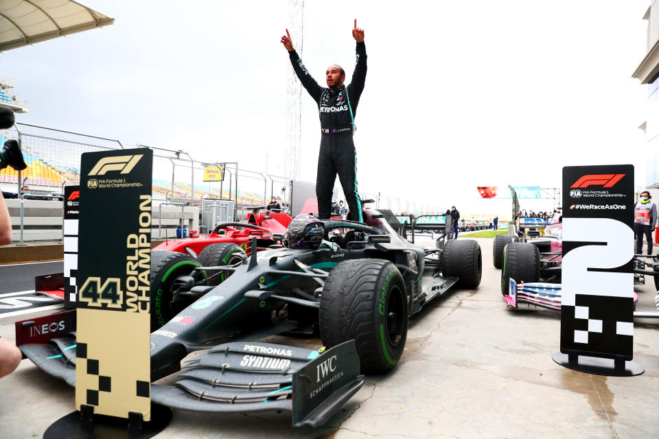 Race winner Lewis Hamilton of Great Britain and Mercedes GP celebrates winning a 7th F1 World Drivers Championship in parc ferme during the F1 Grand Prix of Turkey at Intercity Istanbul Park on November 15, 2020 in Istanbul, Turkey.