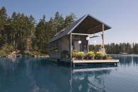 <p>This floating 240-square-foot cabin is an off-the-grid summer escape for Maine couple Foy and Louisa Brown. Assembled onshore, a foundation of plastic floatation tubs, Styrofoam, and pontoons was then towed to sea, and the cottage was built above it, using mostly pine shiplap. Louisa carries water out daily via canoe for a tank that fills the shower and kitchen; at night, candles, oil lamps, and solar lights illuminate the home. </p><p><strong><a class="link " href="https://www.countryliving.com/home-design/house-tours/g1924/floating-cabin-maine/" rel="nofollow noopener" target="_blank" data-ylk="slk:SEE INSIDE;elm:context_link;itc:0;sec:content-canvas">SEE INSIDE</a></strong></p>