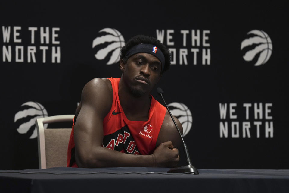 Toronto Raptors' Pascal Siakam speaks to reporters during an NBA basketball media day in Toronto Monday, Oct. 2, 2023. (Chris Young/The Canadian Press via AP)