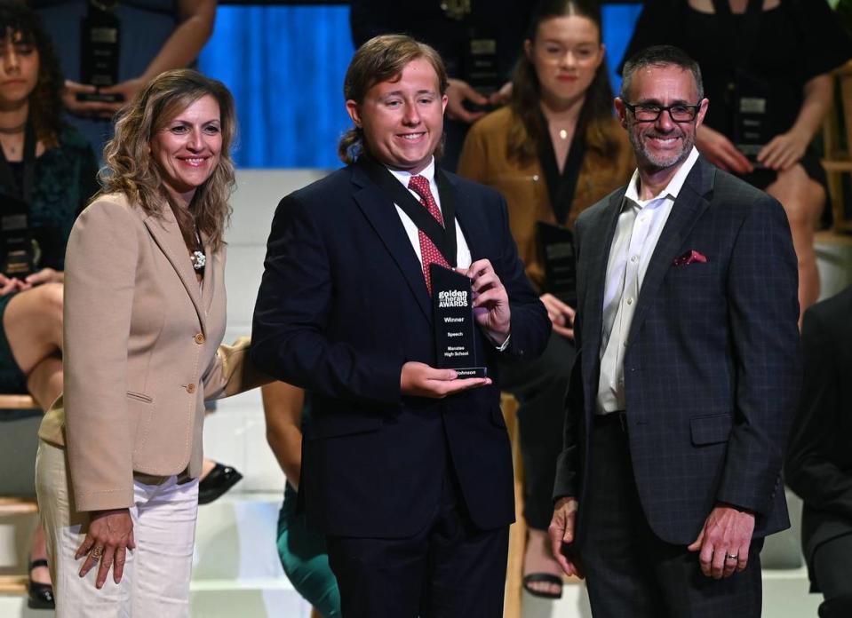 2023 Golden Herald Award winner for Speech Noah Johnson with presenters Jackie Barron and Tom McDougal Thursday night.