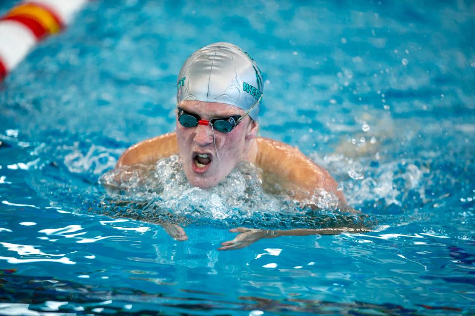 West Port’s Jeffrey Wolfe does the breaststroke during the 200 IM during the MCIAC swimming championships in Ocala, on Sept. 24, 2022.